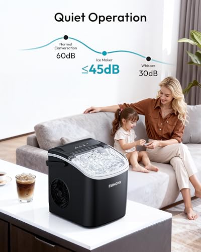 EUHOMY Countertop Ice Maker Machine with Handle, 26.5lbs Per Day, 9 Ice Cubes Ready in 6 Mins, Auto-Cleaning Portable Ice Maker with Basket and Scoop, for Home/Kitchen/Camping/RV (Black)