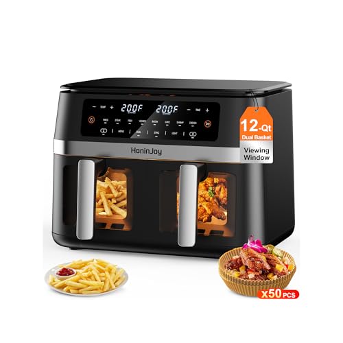 HoninJoy 12QT Large Dual Basket Air Fryer with Viewing Window and 50pcs Paper