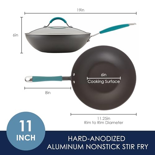 Rachael Ray Cucina Hard-Anodized Nonstick Covered Stir Fry Pan, 11-Inch, Gray, Agave Blue Handles