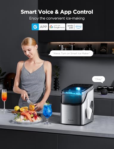GoveeLife Smart Ice Maker Countertop, Portable Ice Machine with Voice Control, 9 Ice Cubes in 6 Minutes 3 Sizes, 26lbs/24Hrs, Self Cleaning RGB Lights, Quiet Ice Maker with Scoop for Kitchen Silver