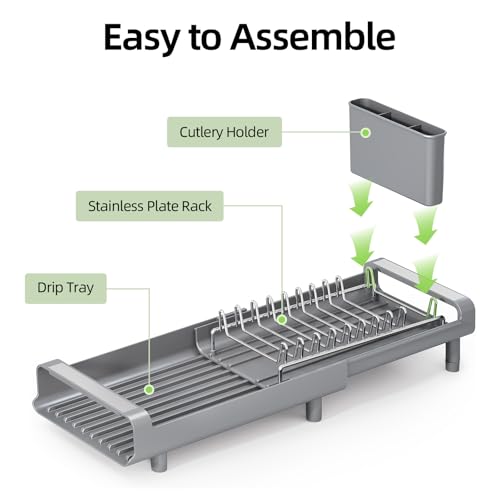 TOOLF Small Dish Drying Rack, Mini Expandable Compact Dish Rack, Slim Extendable Stainless Steel Dish Drainer for Kitchen Plate Storage, Space Saving Dish Strainer in Sink or on Home Countertop, Gray