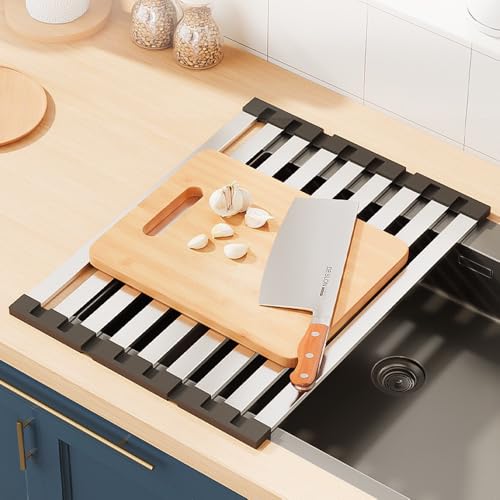 KATPOSIN Roll Up Dish Drying Rack, Over Sink Stainless Steel Rack,Foldable Kitchen Sink Mat,Kitchen Sink Drain Rack Dish Storage Rack (19.69" H x 12.8" W)