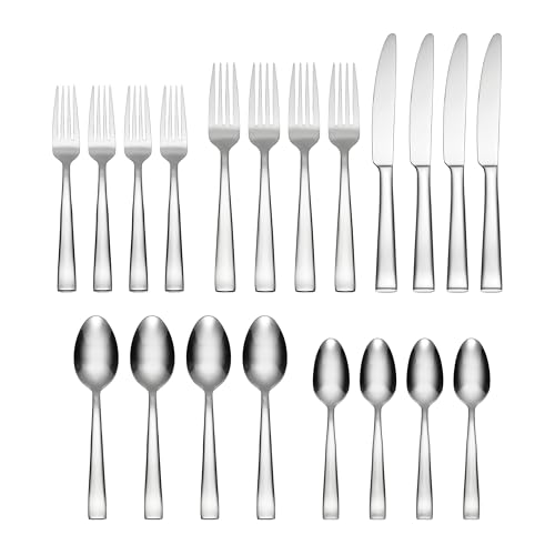 Oneida Silverware Set, Monolith 20-Piece Everyday Flatware Set, Service For 4, 18/0 Stainless Steel, Knives Spoons And Forks Sets, Dishwasher Safe, Home And Kitchen Utensils (Silver, 20 Piece)