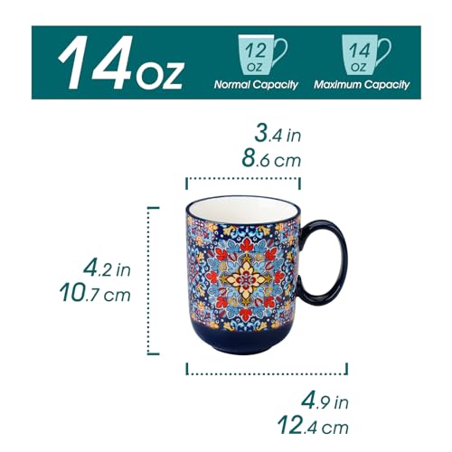 vancasso Simi Boho Coffee Mugs Set of 6, 14 oz Ceramic Mugs with Handle, Colorful Porcelain Cups Microwave Dishwasher Safe, for Latte Tea Cappuccino Cocoa Hot Chocolate