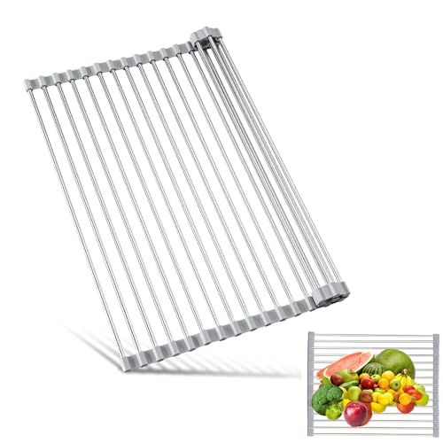 JAYWAYNE Roll Up Dish Drying Rack, Heavy Duty Stainless Steel Over The Sink Drainer, Foldable Space Saver with Heat Resistant Trivet Mat, 17.5 x 14 Inch