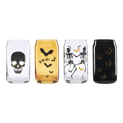 Oneida Barware, Vintro Halloween Can Cooler Glasses, Set of 4, Dishwasher Safe, Made of Glass, Spooky Drinking Glasses Set, Halloween Decor Indoor, Skeletons and Bats Design (4 Piece, 16 Oz Capacity)