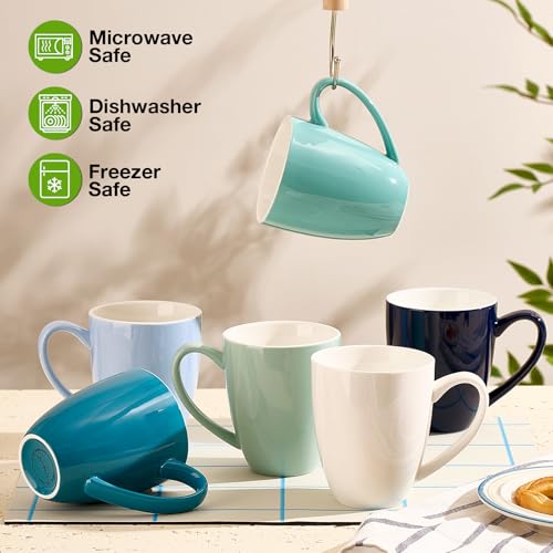 Porcelain Coffee Mugs Set of 6, 13 Ounce Coffee Cups with Handle, Ceramic Tea Mugs for Latte, Hot Tea, Cappuccino, Mocha, Cocoa, Blue Assorted Colors Mug Gift Set, Dishwasher and Microwave Safe