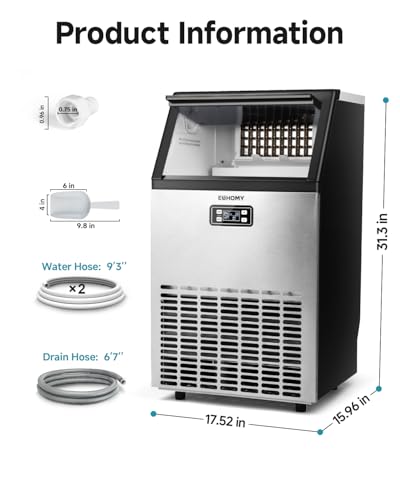 EUHOMY Commercial Ice Maker Machine, 100lbs/24H Stainless Steel Under Counter ice Machine with 33lbs Ice Storage Capacity, Freestanding Ice Maker.