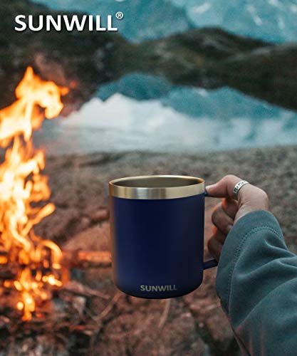 SUNWILL Insulated Coffee Mug with Lid, Travel Tumbler with Handle, 14oz Stainless Steel Cup for Camping, Office, Home, Powder Coated Navy Blue