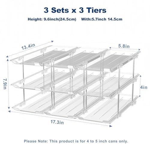 Dayacoco Can Organizer For Pantry,3 Sets 3 Tiers Pantry Organizers And Storage, Pantry Organizer for Fridge 36 Standard and Tall Cans Rack Automatic Rolling Stackable Canned Food Organizer, Clear