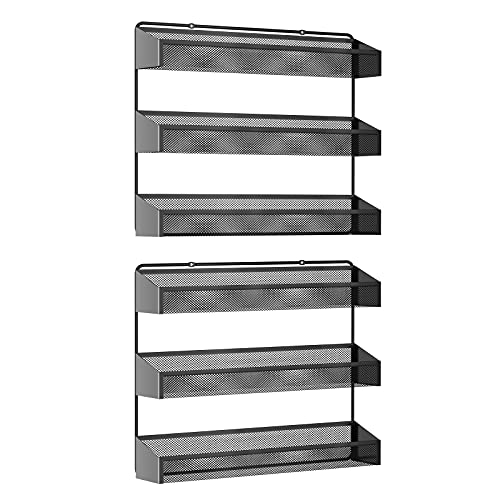 AULEDIO 2 Pack Spice Rack Organizer, 3 Tier Counter-top Stand or Wall Mounted Storage Rack Hanging Shelf for Kitchen Cabinet, Cupboard, Pantry Door Bathroom Shower Cosmetic (Black)
