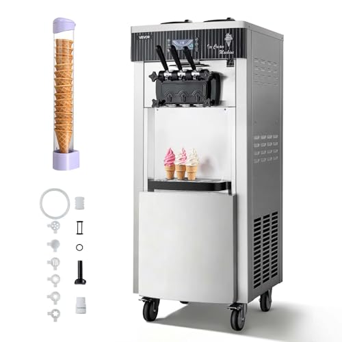 VEVOR Commercial Ice Cream Machine, 20-28L/H Yield, 2200W 3-Flavor Freestanding Soft Serve Ice Cream Maker with 2 x 6L Hoppers & Hopper Agitation, Pre-Cooling Self-Cleaning for Snack Dessert Shops
