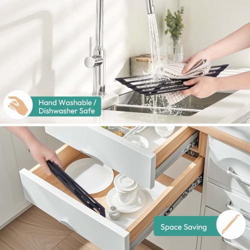 romise Small Triangle Roll Up Dish Drying Rack for Sink Corner, Foldable Silicone Coated Stainless Steel Over Sink Rack, Space Saving Heat Resist Anti-Slip Anti-Rust Drainer Mat for Dish Fruit (Black)