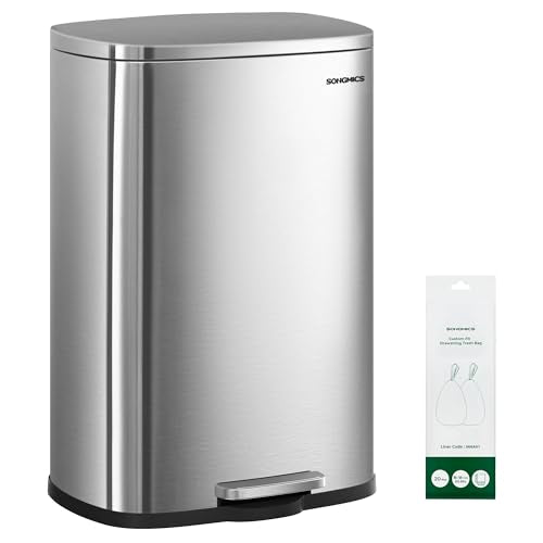 SONGMICS 20-Gallon (75 L) Trash Can, Stainless Steel Kitchen Garbage Can, Recycling or Waste Bin, Soft Close, Step-On Pedal, Removable Inner Bucket, Silver ULTB075EZ01