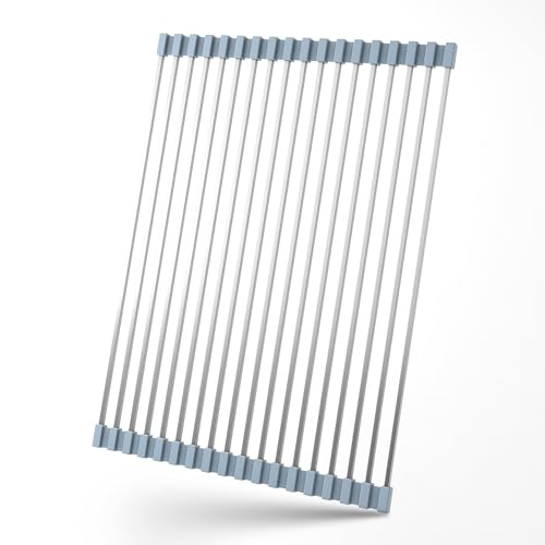 TlaroRiz 16.93 ×12.91 Inch Sink Drying Rack Roll Up, Silicone Wrapped 304 Square Stainless Steel Over the Sink Dish Drying Rack Counter Kitchen Home RV Essentials Foldable Sink Organizer,Grey