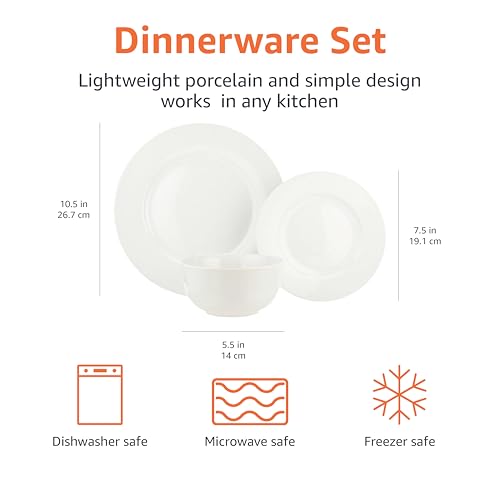 Amazon Basics Porcelain Dinnerware Set, Microwave and Dishwasher Safe, Service for 6, 18-Piece, Plates, Bowls, White