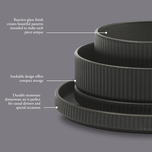 Gibson Elite Deerfield 16-Piece Stoneware Dinnerware Set – Matte Black Reactive Glaze Plates and Bowls, Stackable, Modern Design, Service for 4 – Microwave & Dishwasher Safe