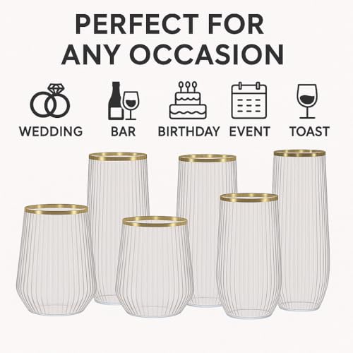 Oojami 48 Pack Ribbed Origami Ripple Plastic Glasses, 24 9 Ounce Stemless Champagne Flutes & 24 12 Ounce Cups, BPA-Free Disposable Shatterproof Toasting Glasses for Weddings Bars Events (Gold Rim)
