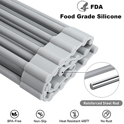 MERRYBOX Roll Up Dish Drying Rack, Silicone Wrapped Over The Sink Dish Rack Foldable Dish Drainer Anti-Slip Dish Racks for Kitchen Counter, Multipurpose Kitchen Sink Drying Rack, 18" x 13", Light Gray