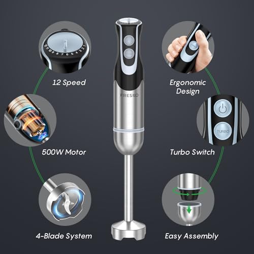 FRESKO Immersion Blender Handheld, Stainless Steel Hand Electric Stick Mixer with 12-Speeds & Turbo Mode, Powerful 500W Emulsion Blender with Beaker, Chopper & Whisk for Smoothie, Puree, Baby Food