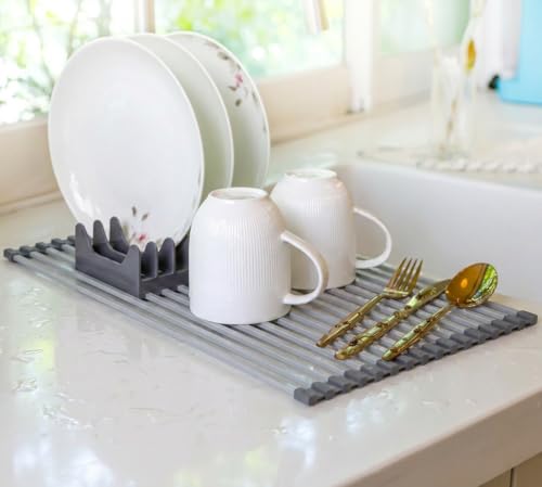 EZYROM Medium Aluminum Roll Up Dish Drying Rack (17" x 13") - Fits Sinks up to 16 Inches, Heavy Duty Square Bar, Rust-Proof & Heat Resistant with Removable Dish Holder (Purple Gray Medium)