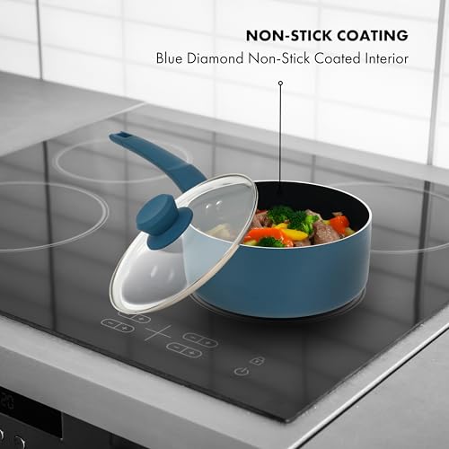 Prime Cuisine 2 Quart Sauce Pan with Lid, Blue Diamond NonStick Small Pot with Tempered Glass Lid, Soft-Touch Handles, Induction Base