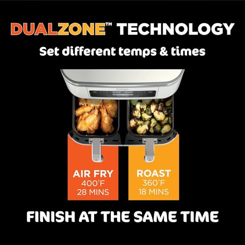 Ninja Foodi 4-in-1 8-qt. 2-Basket Air Fryer with DualZone Technology, 4 Functions, Smart Finish, Roast, Air Fry, Reheats, & Dehydrates, White, DZ100WH (Renewed)