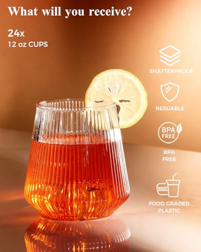 BESTSTAR 48 Pack Disposable Ribbed Origami Ripple Plastic Glasses Set - 24 9 OZ Stemless Champagne Flutes & 24 12OZ Cups, BPA-Free Shatterproof Clear Drinkware for Weddings, Parties & Events (Clear)