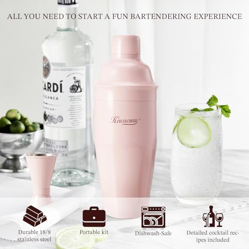 KITESSENSU Cocktail Shaker Set, Stainless Steel Martini Shaker with Bartender Strainer, Measuring Jigger, Bar Mixing Spoon, Cocktail Recipe Included, Pink