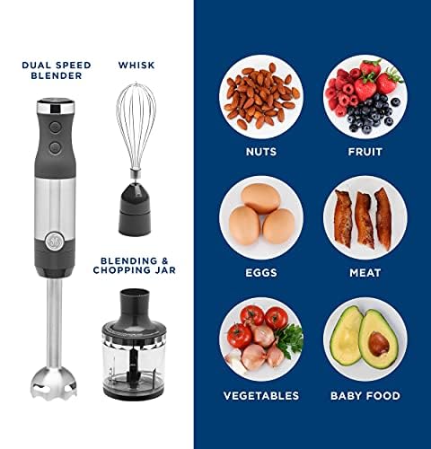 GE Immersion Blender | Handheld Blender for Shakes, Smoothies, Baby Food & More | Includes Whisk & Blending Jar | 2-Speed | Interchangeable Attachment for Easy Clean | 500 Watts | Stainless Steel