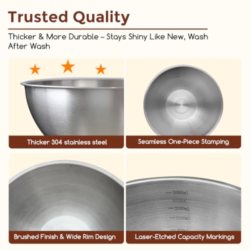 Gronivex 304 Stainless Steel Mixing Bowls, 3-Piece (1.5, 2.2 & 3.4 Qt)