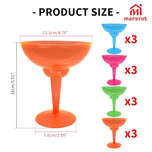 12pcs Disposable Margarita Glass for Party Cocktail, Plastic Margarita Glasses, Colorful Hurricane Cups Supplies for Cinco De Mayo Tropical Pool Beach Holidays BBQs Decorations, 4 Assorted Neon Colors