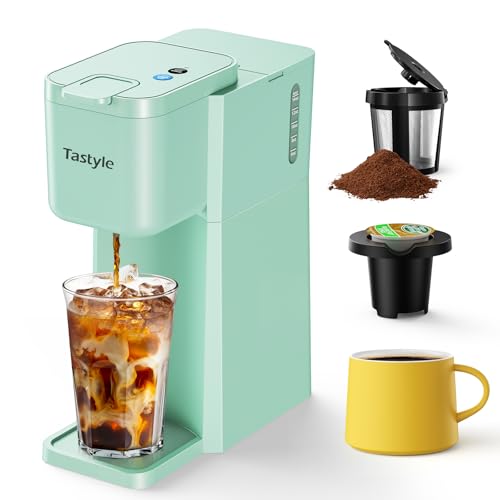 Tastyle Mini Hot and Iced Coffee Maker Single Serve, for K Cup and Ground, 6 to 14 Oz Brew Sizes, with Recipe Book