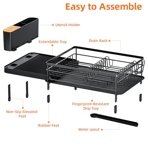 Urackify Large Dish Drying Rack, Expandable Dish Racks for Kitchen Counter, Multifunctional Dish Drainer with Utensil Holder & Cup Holder, 18.5"-26.7" L x 12.7" W, Black