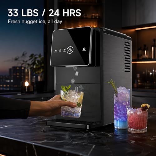 Kismile Nugget Ice Maker Countertop, 33LBS/24H Ice Machine with Soft Chewable Ice, One-Click, Self-Cleaning Function, Stainless Steel Ice Maker with Indicator Lights for Home/Kitchen(Black)