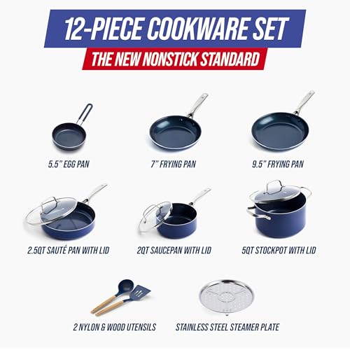 Blue Diamond 12 Piece Nonstick Cookware Set, Diamond Ceramic Pots & Pans, Dishwasher & Metal Utensil Safe, Non Toxic PFAS-Free, Kitchen Cooking Sauce & Saute Pans, Oven & Broiler to 600F, Blue