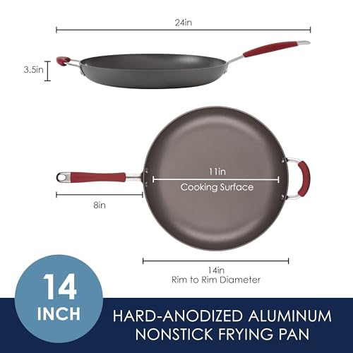 Rachael Ray Cucina Hard-Anodized Nonstick Frying Pan, Gray with Cranberry Red Handles, 14 Inch Pan