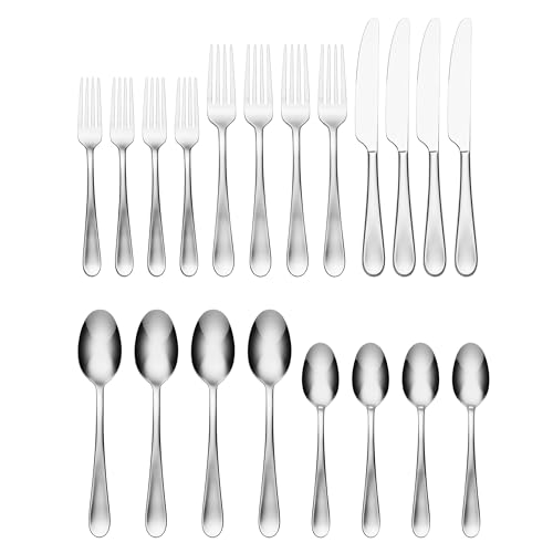Oneida Silverware Set, Grant 20 Piece Everyday Flatware Set, Service For 4, 18/0 Stainless Steel, Dishwasher Safe, Knives Spoons And Forks Set, Dishwasher Safe, Home And Kitchen (Silver, 20 Pieces)