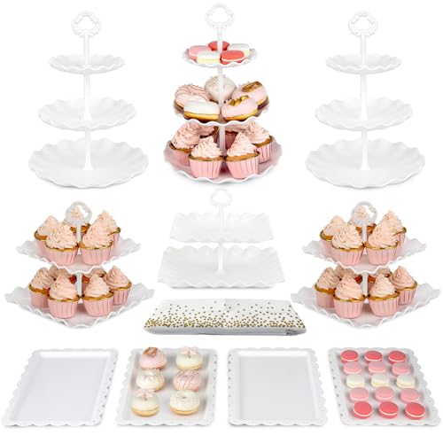 Pack of 11 NWK Cake Stand Set, with 3 x Two-Tier and 3 x Three-Tier Cupcake Stands, 4 x Appetizer Trays, 1 x Tablecloth for Birthday Bridal Baby Shower Party (White)