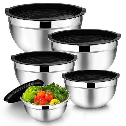 TeamFar Mixing Bowl Set of 5, 4.5/3/1.5/1/0.7 QT, Stainless Steel Metal Nesting Salad Bowl with Lid Set, Ideal for Mixing Serving, Non-Toxic & Sturdy, Airtight Lid & Easy Clean, Black
