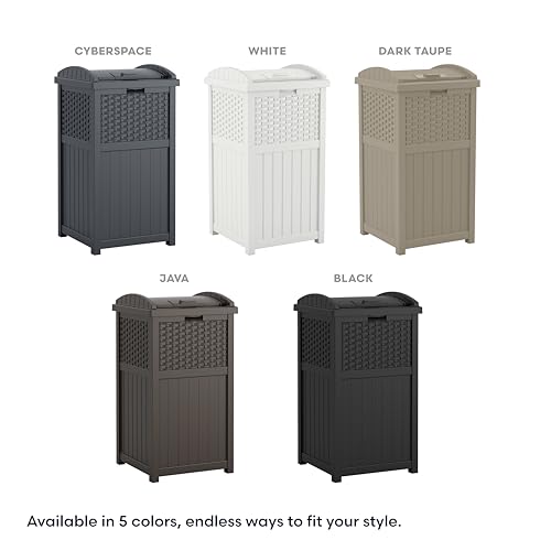 Suncast 33 Gallon Wicker-Style Hideaway Trash Can with Secure Latching Lid and Weather-Resistant Construction for Patio, Cyberspace Grey, Made in the USA