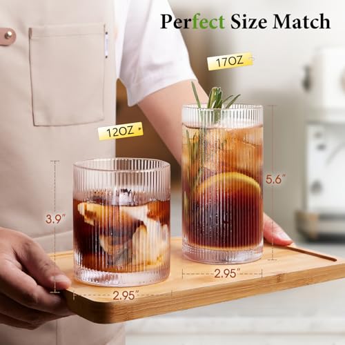 LUNA & MANTHA Drinking Water Glasses Set, Lead-Free Crystal Highball Glass, Tall Glass Cups for Cocktail Parties,ribbed set of 8,17oz&12oz