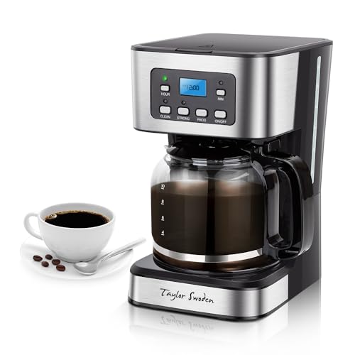Taylor Swoden 12-Cup Programmable Coffee Maker, Regular & Strong Brew Drip Coffee Machine for Home and Office, Glass