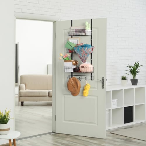 ETELI Over the Door Pantry Organizer 3 Tier Hanging Basket Back Door Storage Rack Shelf Metal Over the Door Shelves with 3 Baskets and 5 Hooks for Bathroom Kitchen Pantry Bedroom, Black