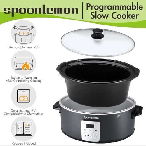 7QT 280W Electric Slow Cooker, Digital 20H Timer & 3-Level Heat Settings, Oval Ceramic Inner Pot, Black, for Family Dinners