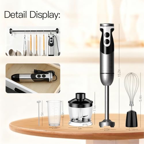 MegaWise Pro Titanium Reinforced 5-in-1 Immersion Hand Blender, Powerful Motor with 80% Sharper Blades, 12-Speed Corded Blender, Including 500ml Chopper, 600ml Beaker, Whisk and Milk Frother (Black)