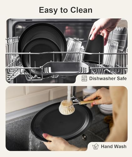 Quatish 24 Piece Plates and Bowls Sets for 6, Unbreakable Dinnerware Sets, Dish Set for Camping, Dishwasher Microwave Safe, Outdoor Kitchen and Apartment Dorm Dinning RV Essentials, Black
