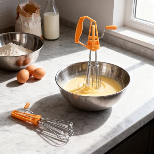 Jerliflyer Beaters hand crank,stainless steel manual mixer semi automatic push rotary whisk blender for quick rotation making cream（orange）