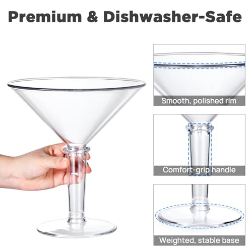 Unbreakable Giant Martini Glasses set of 2, 48 oz Plastic Cocktail Glasses, Jumbo, Reusable, BPA Free, Detachable, Perfect for Picnic, Beach & Patio Party, Appetizers, Birthday, Wedding and All Events