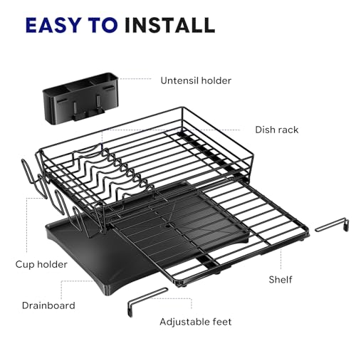 Simple Trending Dish Rack - Expandable Dish Drying Rack for Kitchen Counter, Large Capacity Dish Drainers, Stainless Steel Dish Strainer with Utensil & Cup Holders, Black